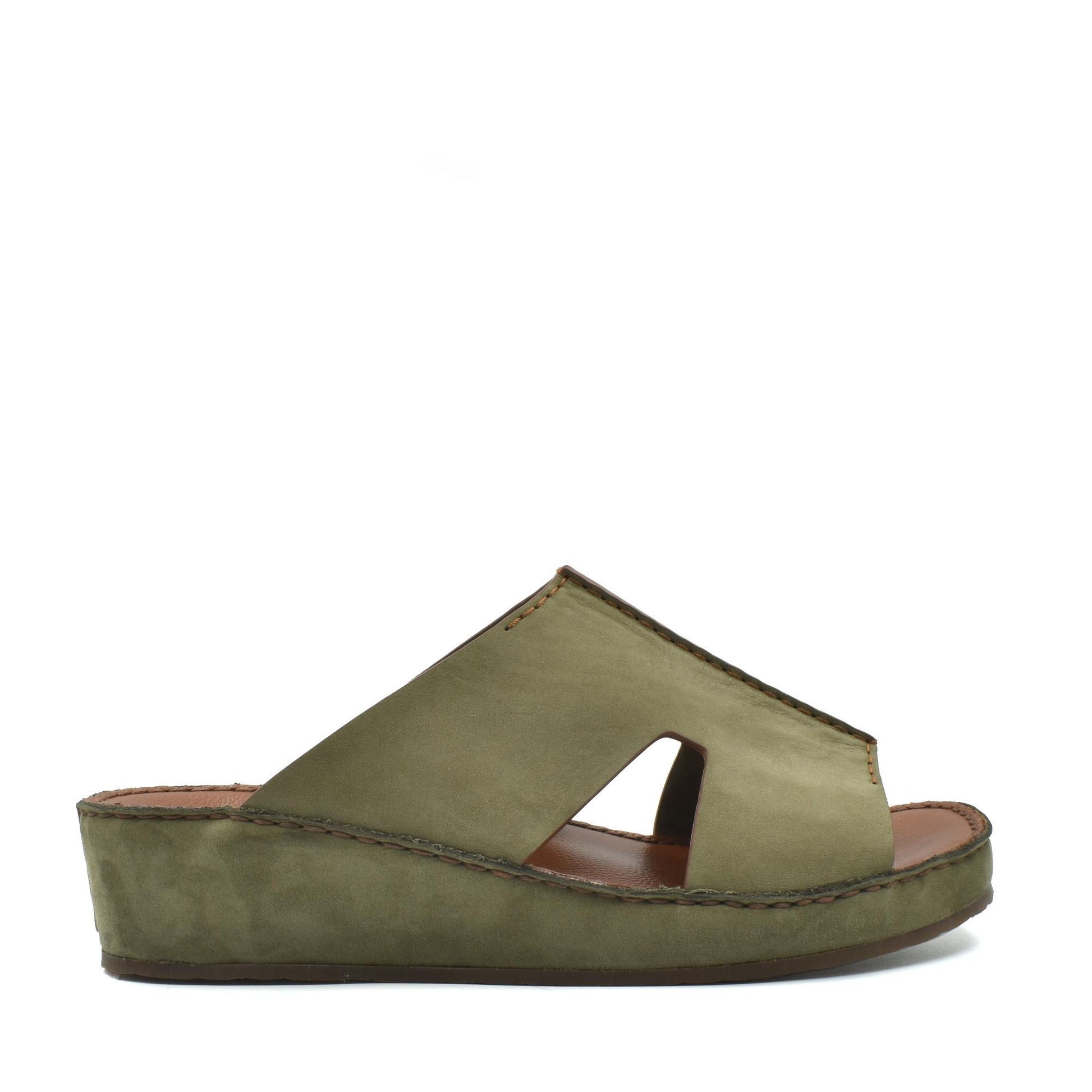 Green slip-on handcrafted leather shoes with open toe and wedge sole from Private Collection