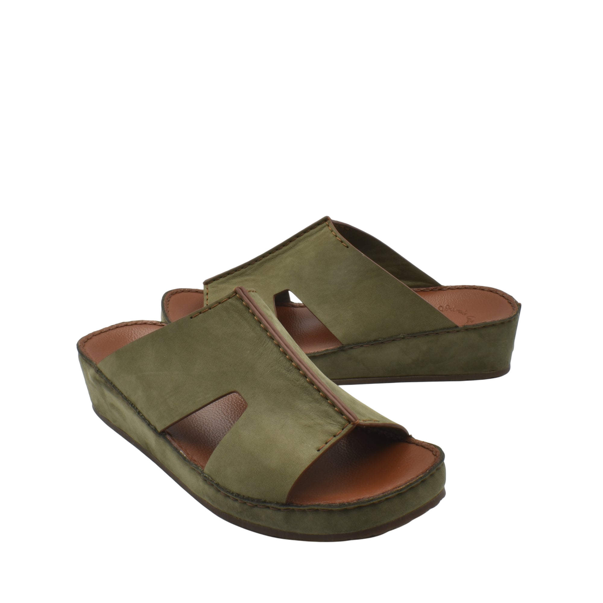 Green handcrafted leather shoes with open toe and cushioned sole from private collection