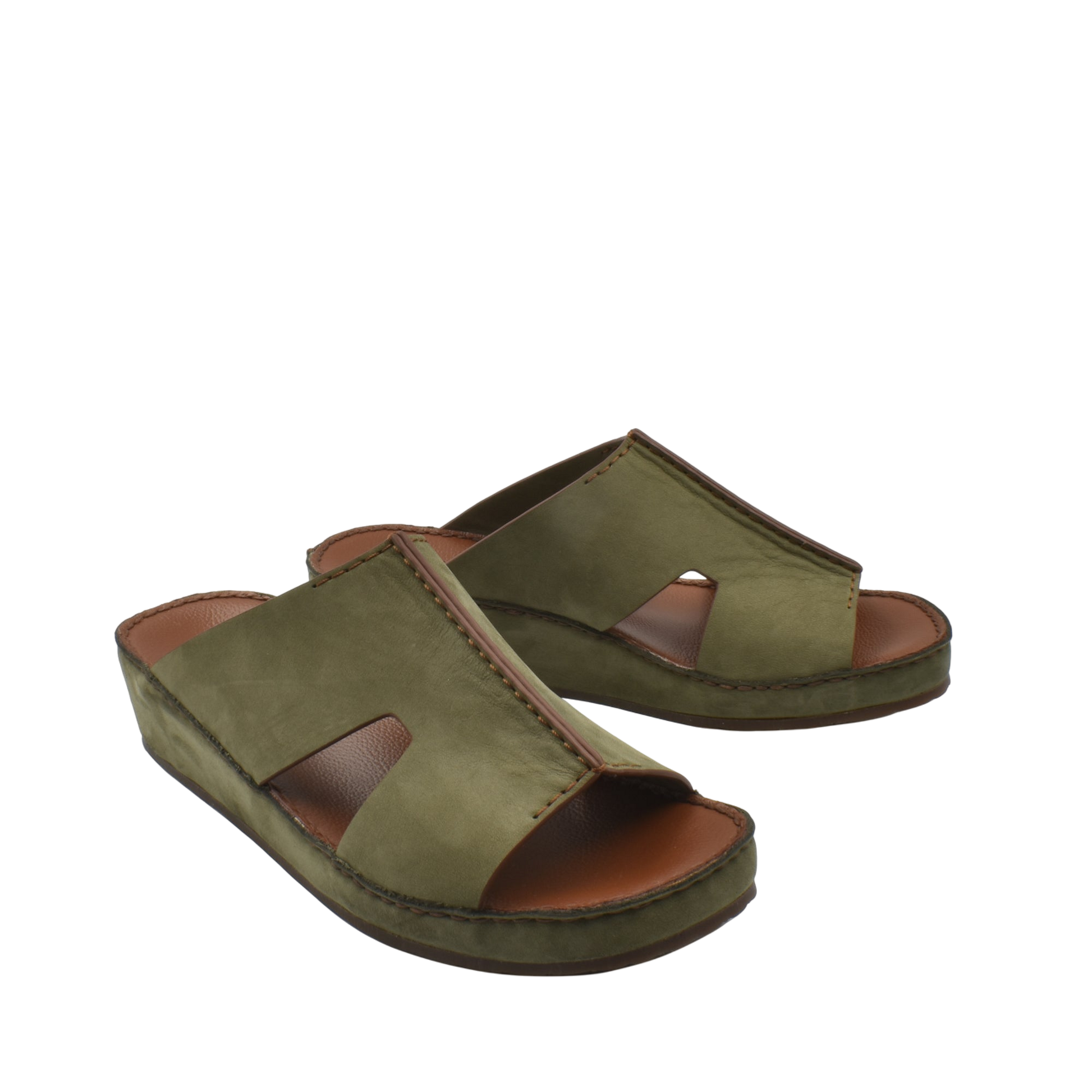 Green open-toe handcrafted leather shoes with a comfortable cushioned sole from Private collection