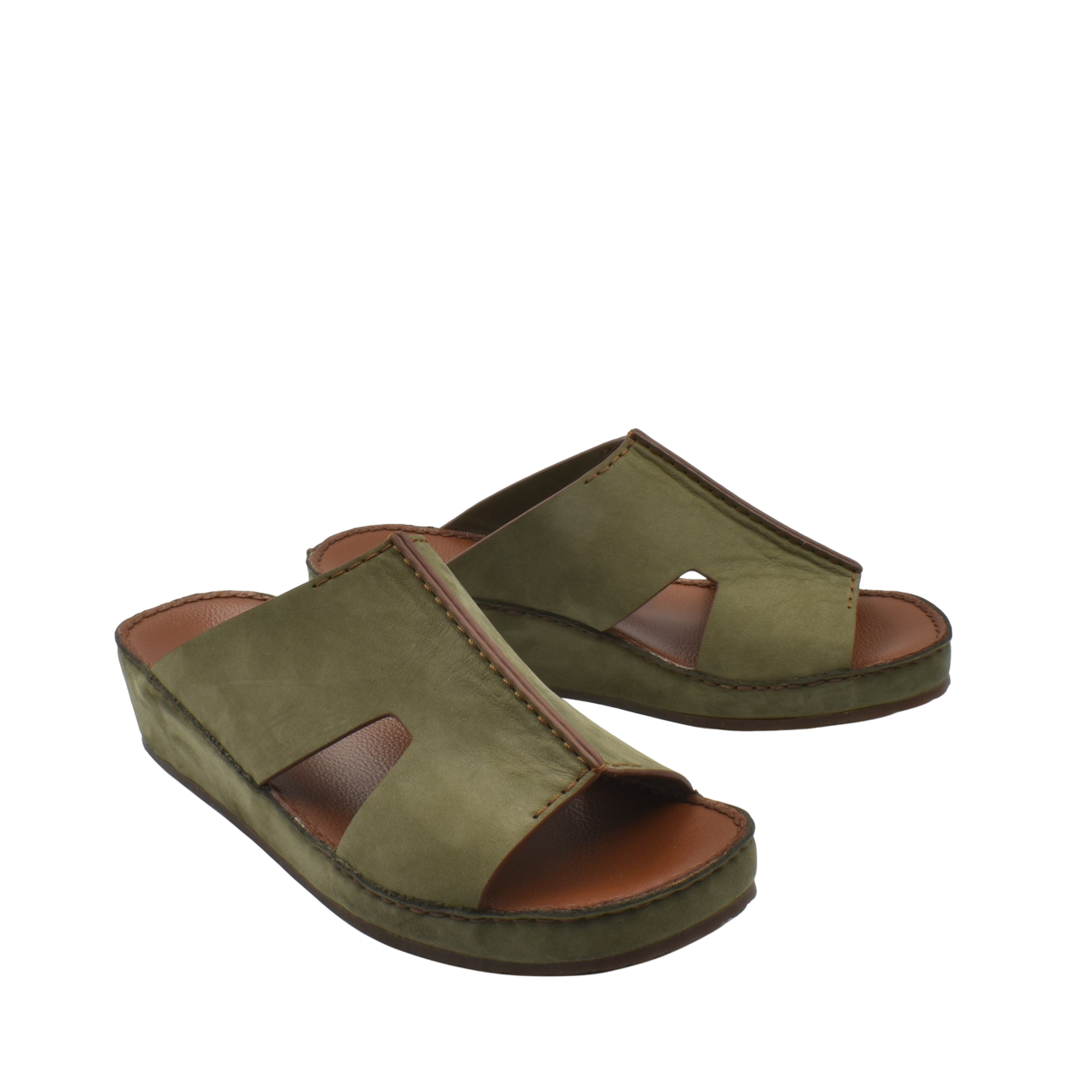 Green open-toe handcrafted leather shoes with a comfortable cushioned sole from Private collection