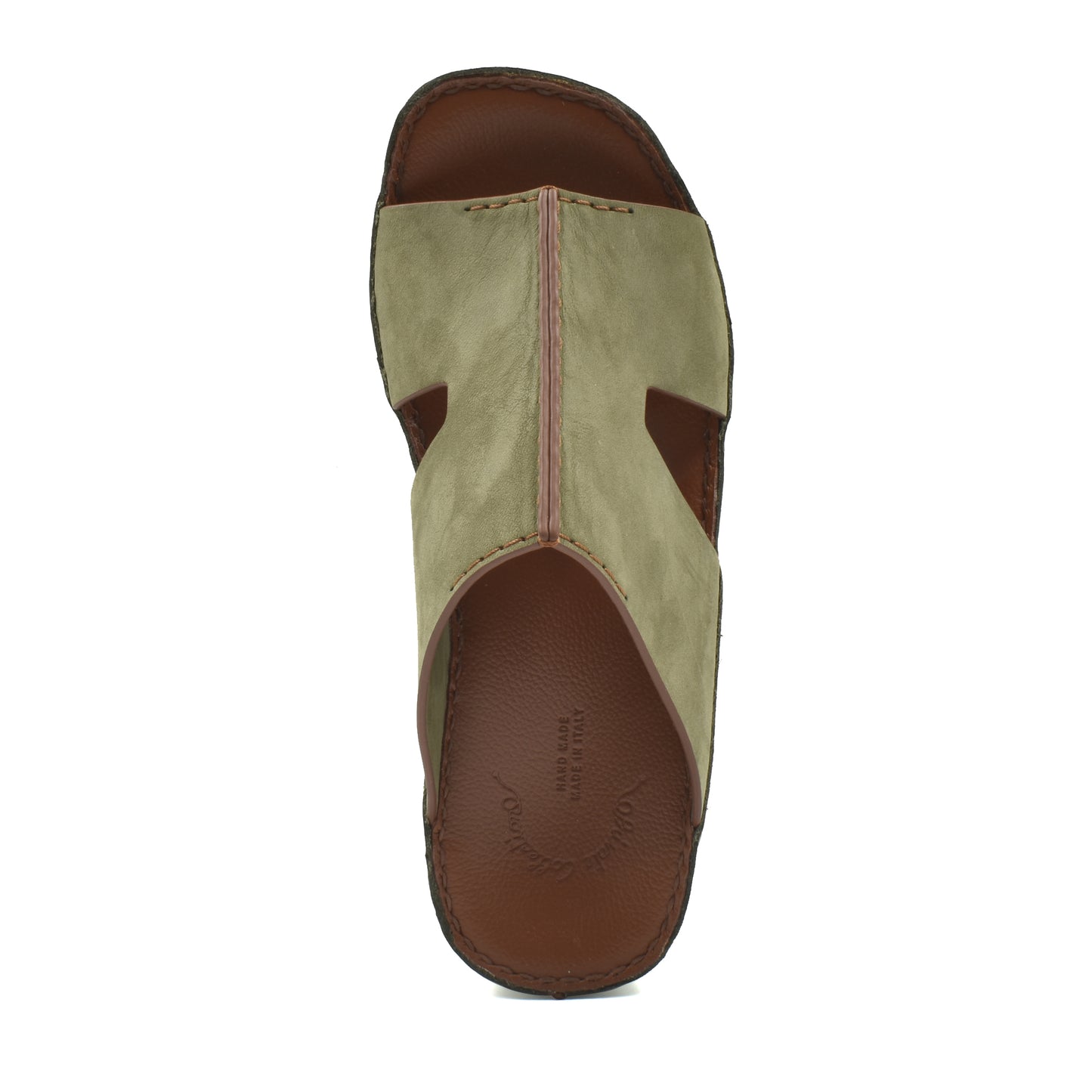 Top view of a handcrafted leather shoes brown and olive slip-on sandal with stitched detailing