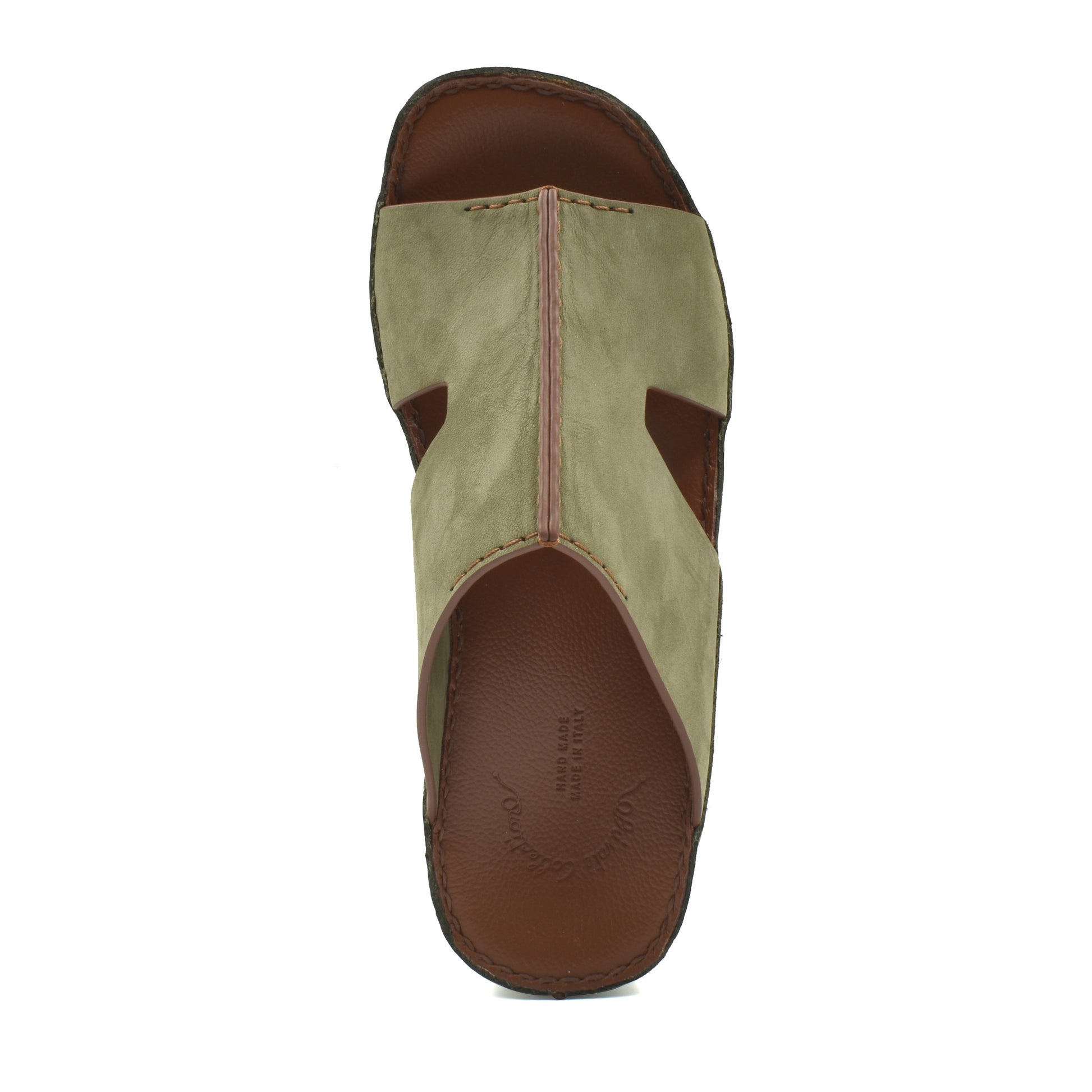Top view of a handcrafted leather shoes brown and olive slip-on sandal with stitched detailing