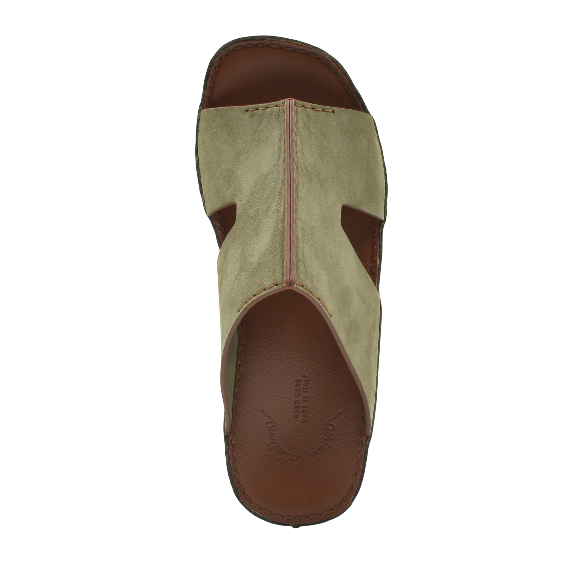 Top view of a handcrafted leather shoes brown and olive slip-on sandal with stitched detailing