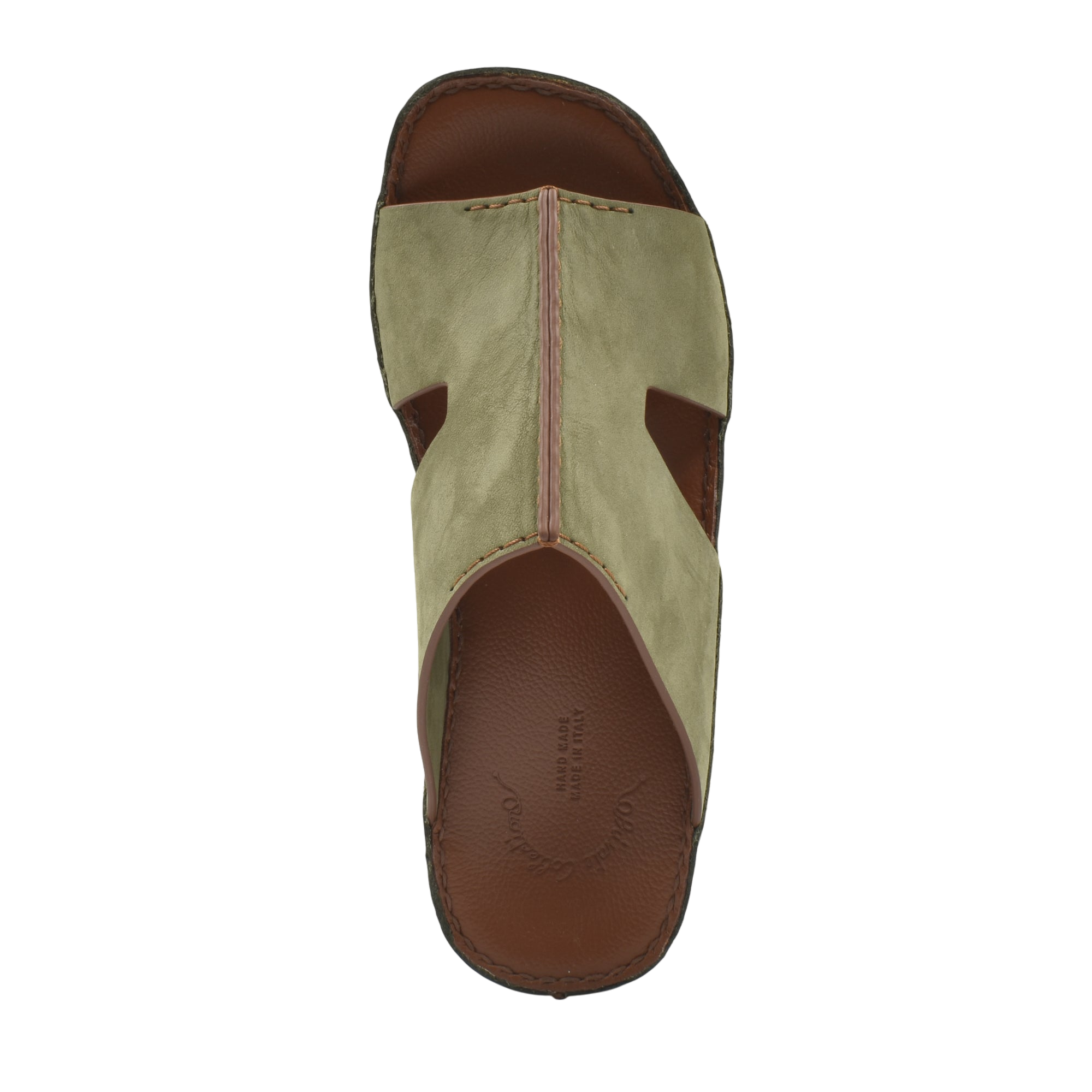 Top view of a handcrafted leather shoes brown and olive slip-on sandal with stitched detailing
