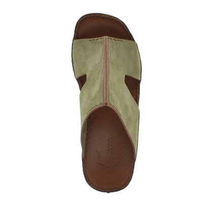 Top view of a handcrafted leather shoes brown and olive slip-on sandal with stitched detailing