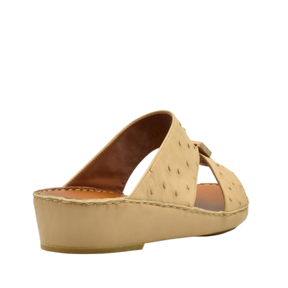 Handcrafted olive sandals with wedge heel and textured leather upper from Private collection