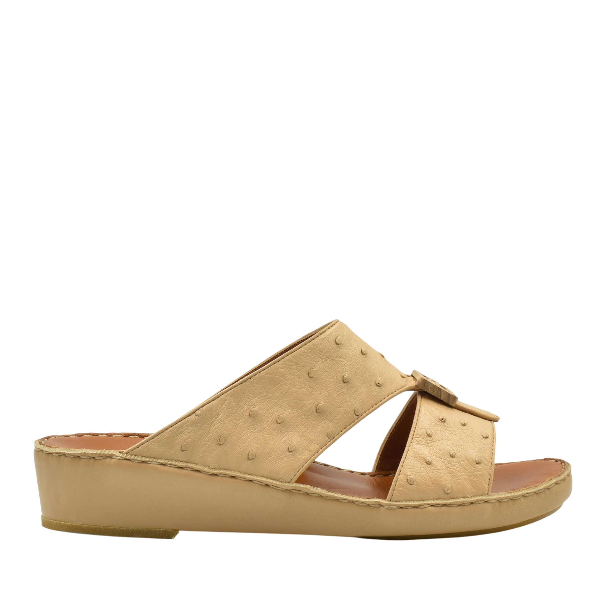 Handcrafted olive sandals with textured straps and cushioned sole in beige tone