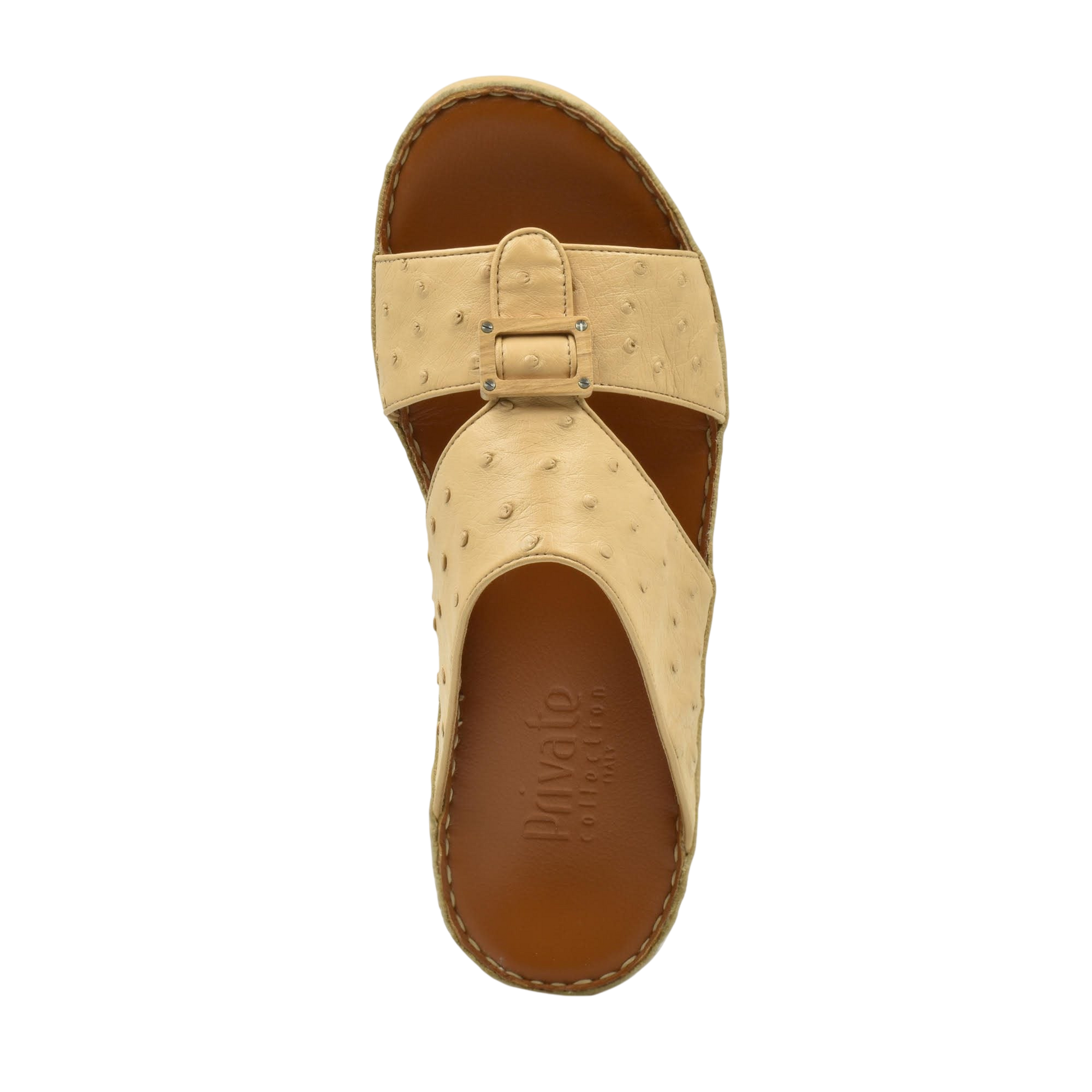 Top view of handcrafted olive sandals with beige textured straps and brown cushioned sole