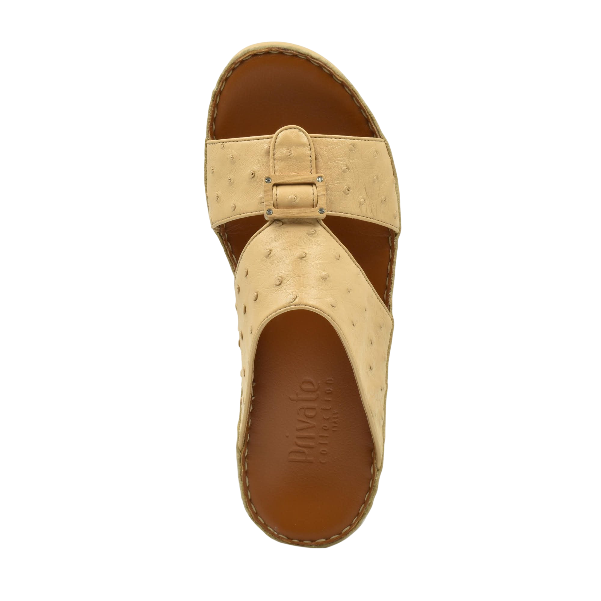 Top view of handcrafted olive sandals with beige textured straps and brown cushioned sole