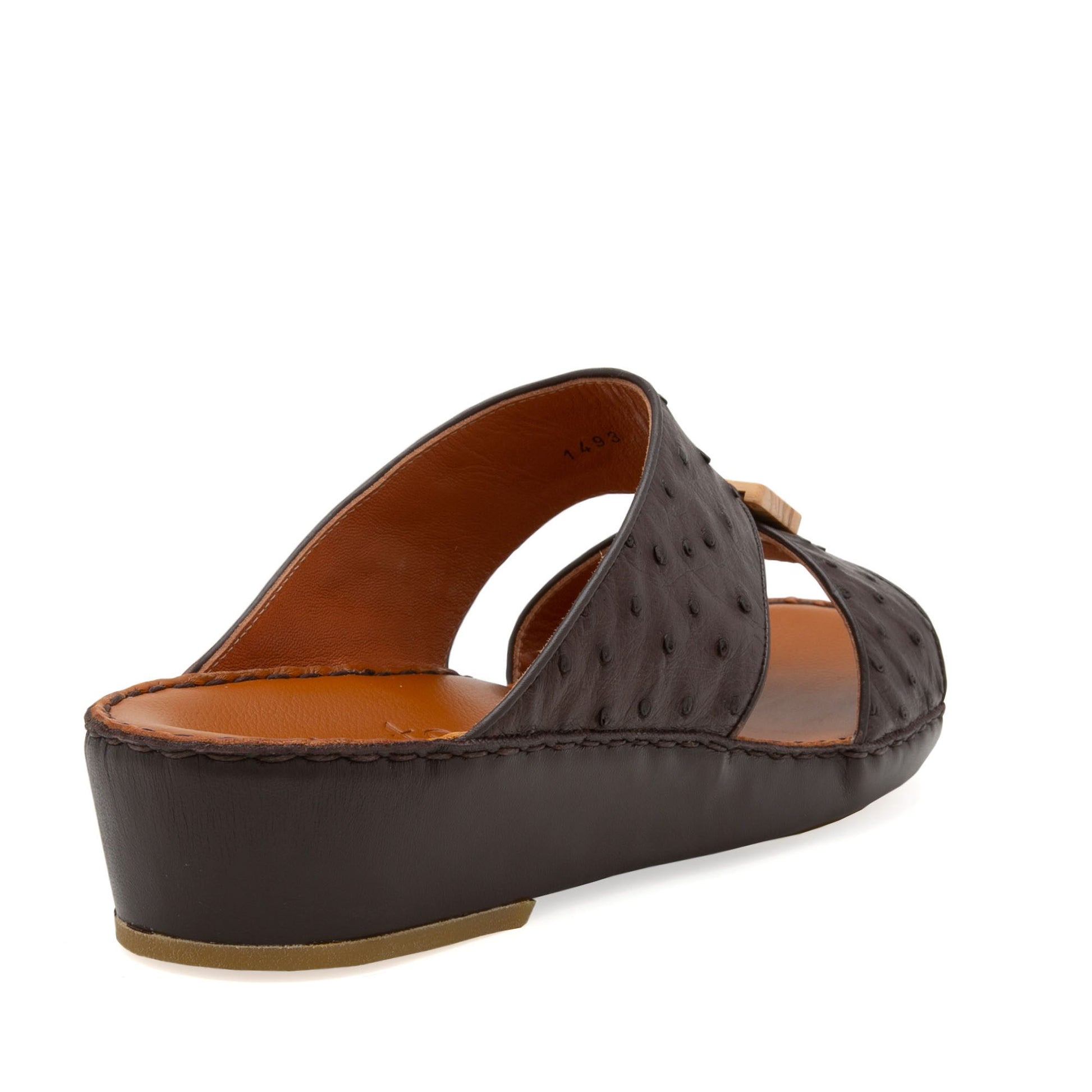 Handcrafted olive sandals in dark brown leather with open toe and low wedge heel