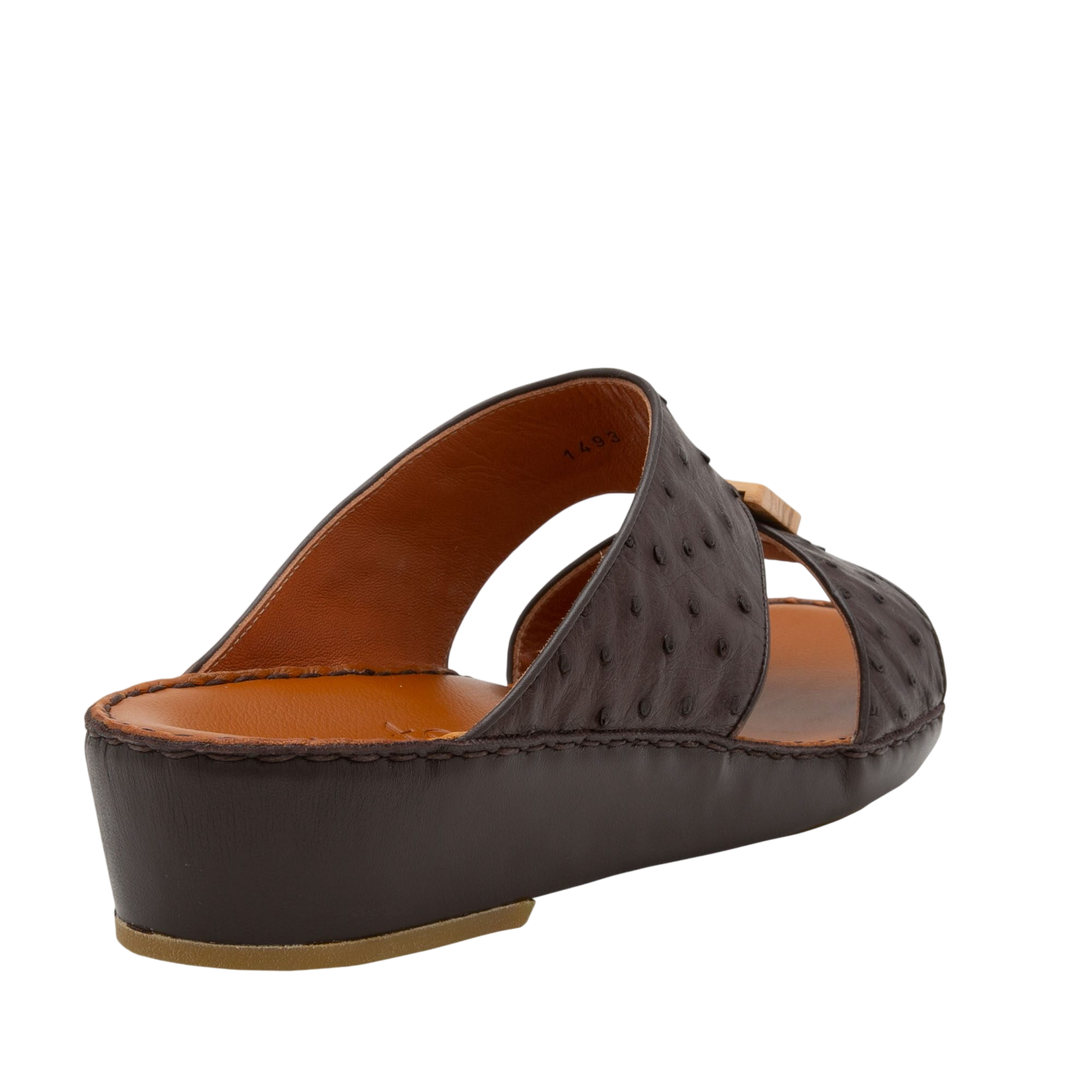 Handcrafted olive sandals in dark brown leather with open toe and low wedge heel