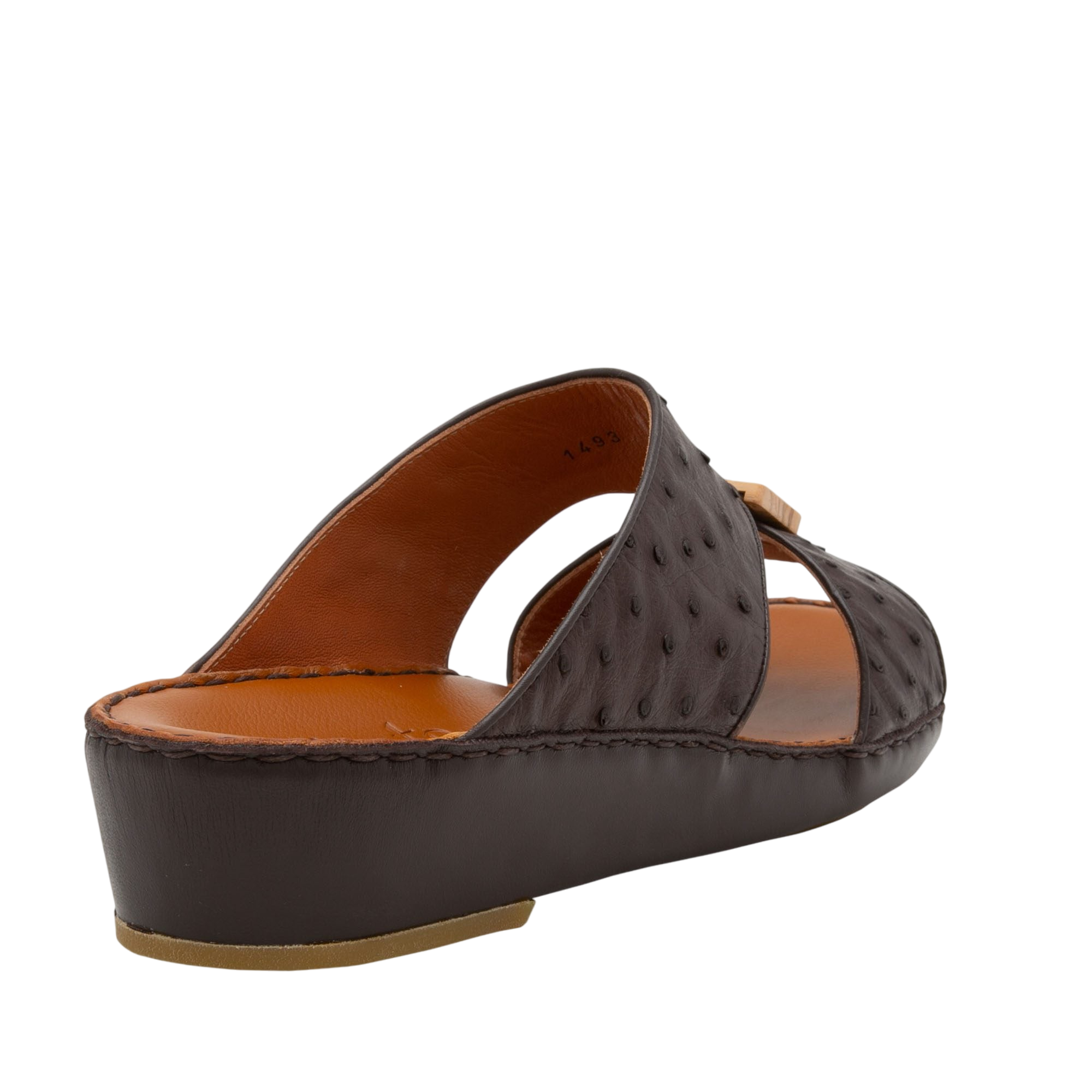 Handcrafted olive sandals in dark brown leather with open toe and low wedge heel