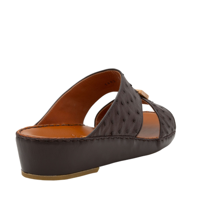 Handcrafted olive sandals in dark brown leather with open toe and low wedge heel