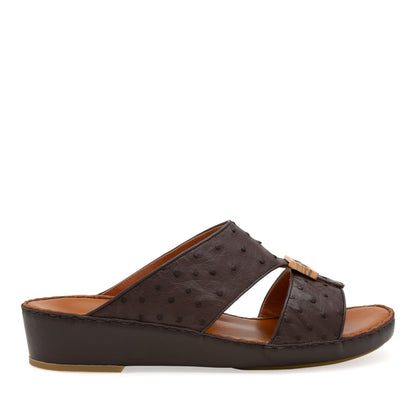 Handcrafted olive sandals with dark brown leather straps and comfortable wedge sole