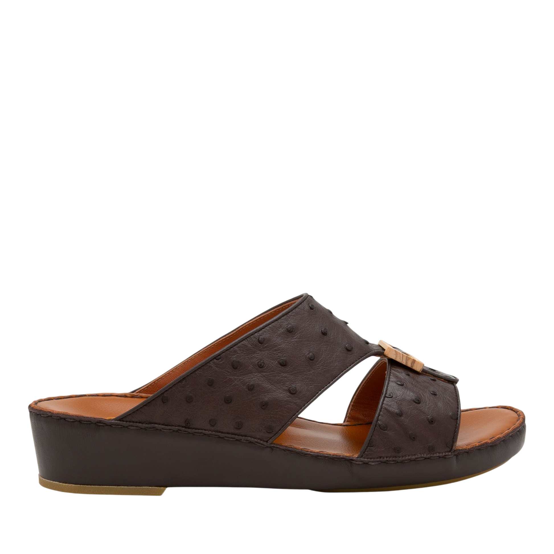 Handcrafted olive sandals with dark brown leather straps and comfortable wedge sole