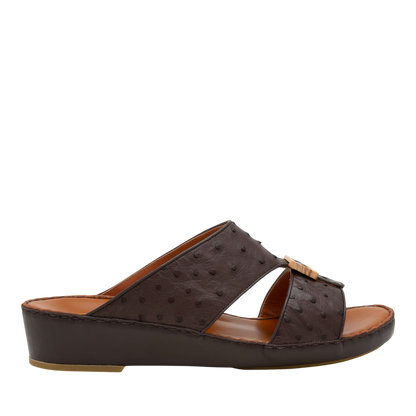 Handcrafted olive sandals with dark brown leather straps and comfortable wedge sole