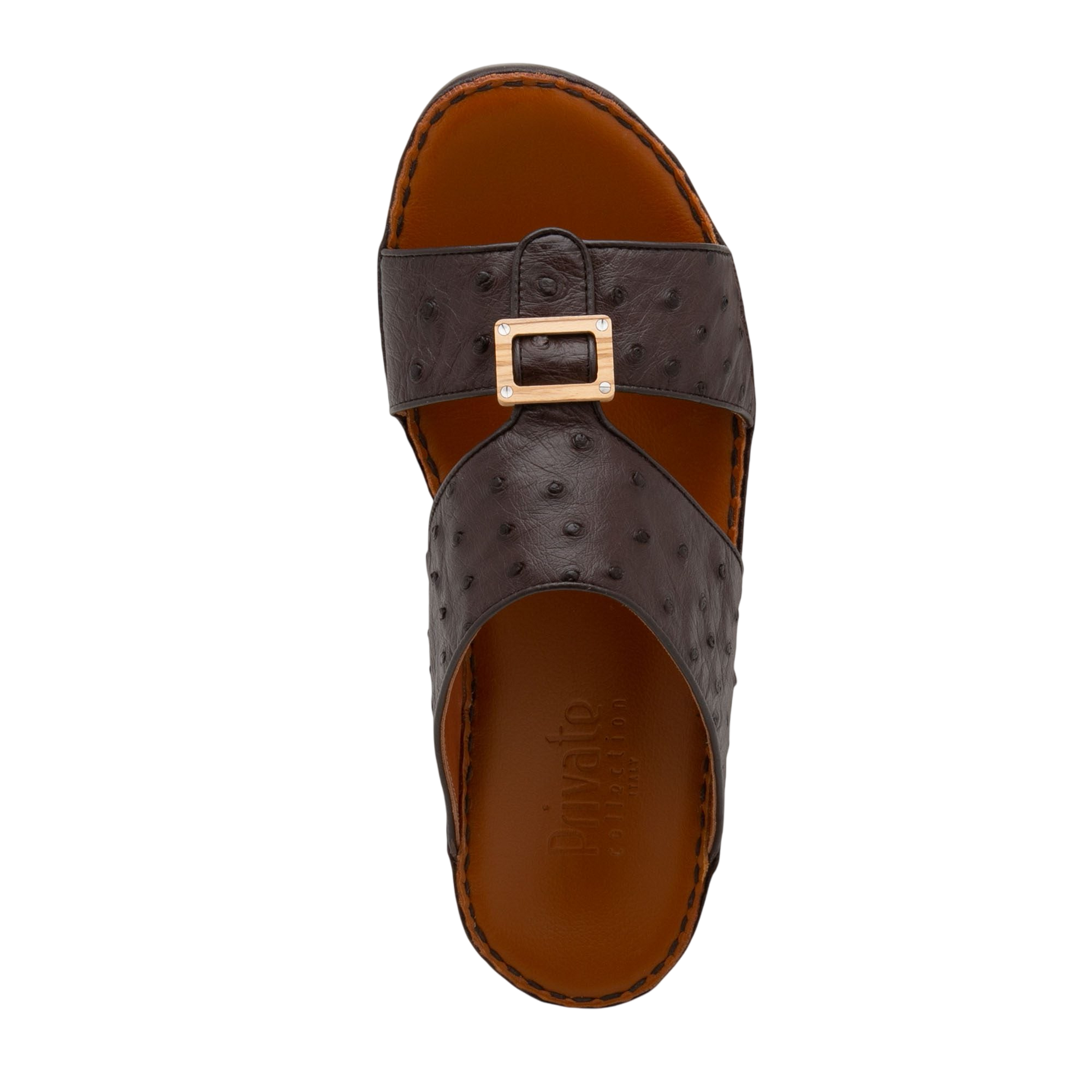 Top view of handcrafted olive sandals with brown textured leather and gold buckle detail