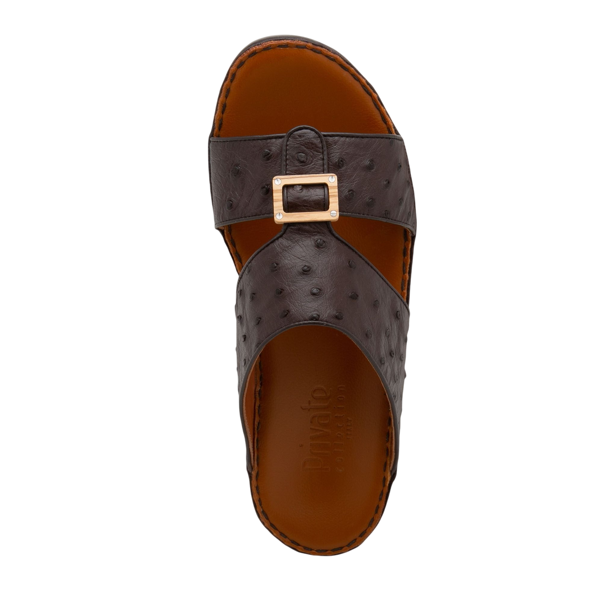 Top view of handcrafted olive sandals with brown textured leather and gold buckle detail