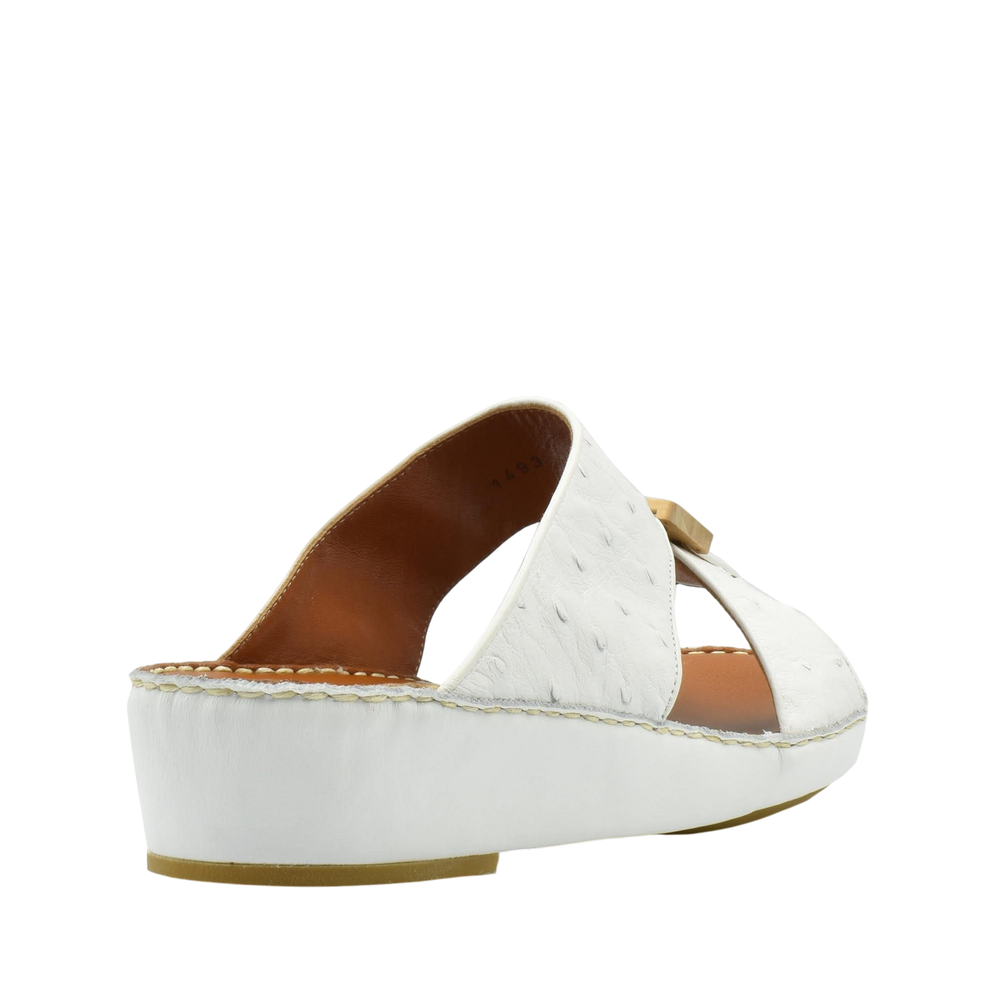 White handcrafted olive sandals with open back and medium wedge heel from Private collection