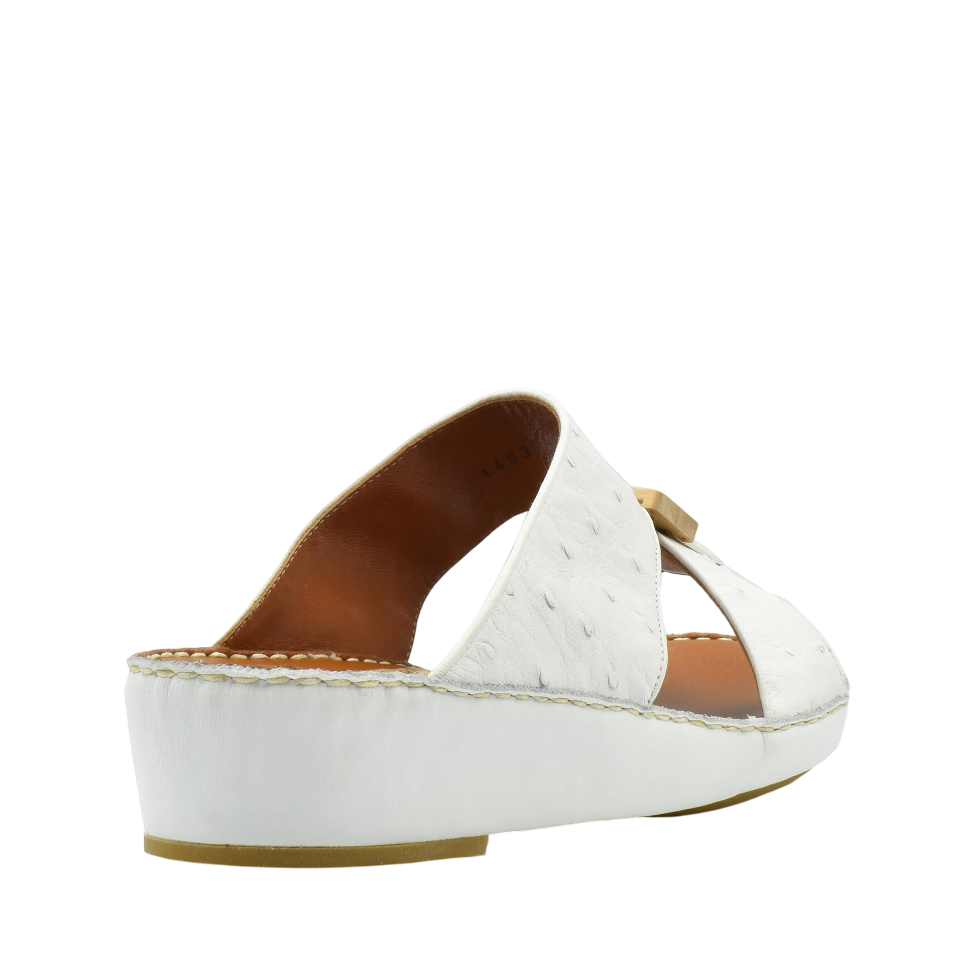 White handcrafted olive sandals with open back and medium wedge heel from Private collection
