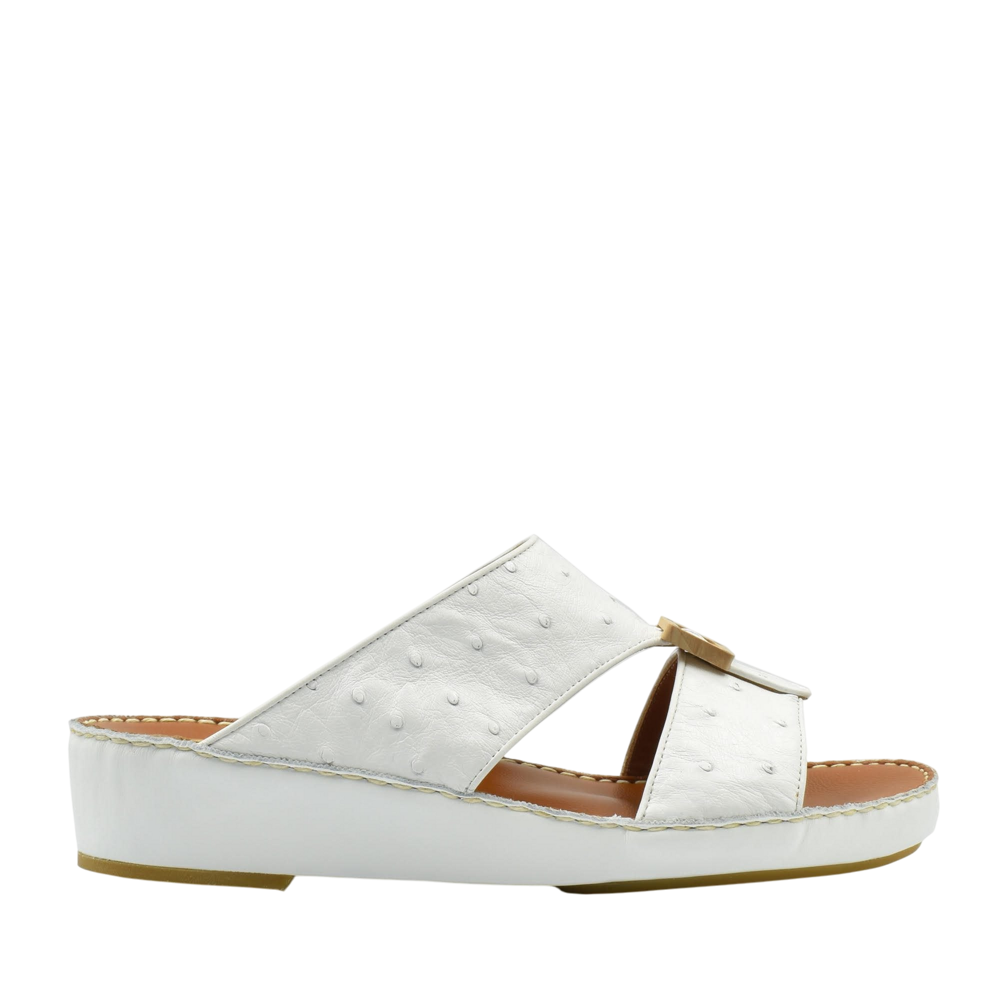 White handcrafted olive sandals with textured leather upper and comfortable cushioned sole