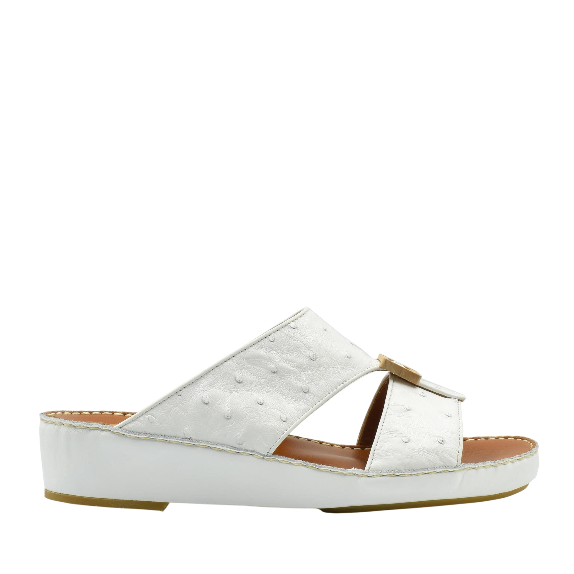 White handcrafted olive sandals with textured leather upper and comfortable cushioned sole