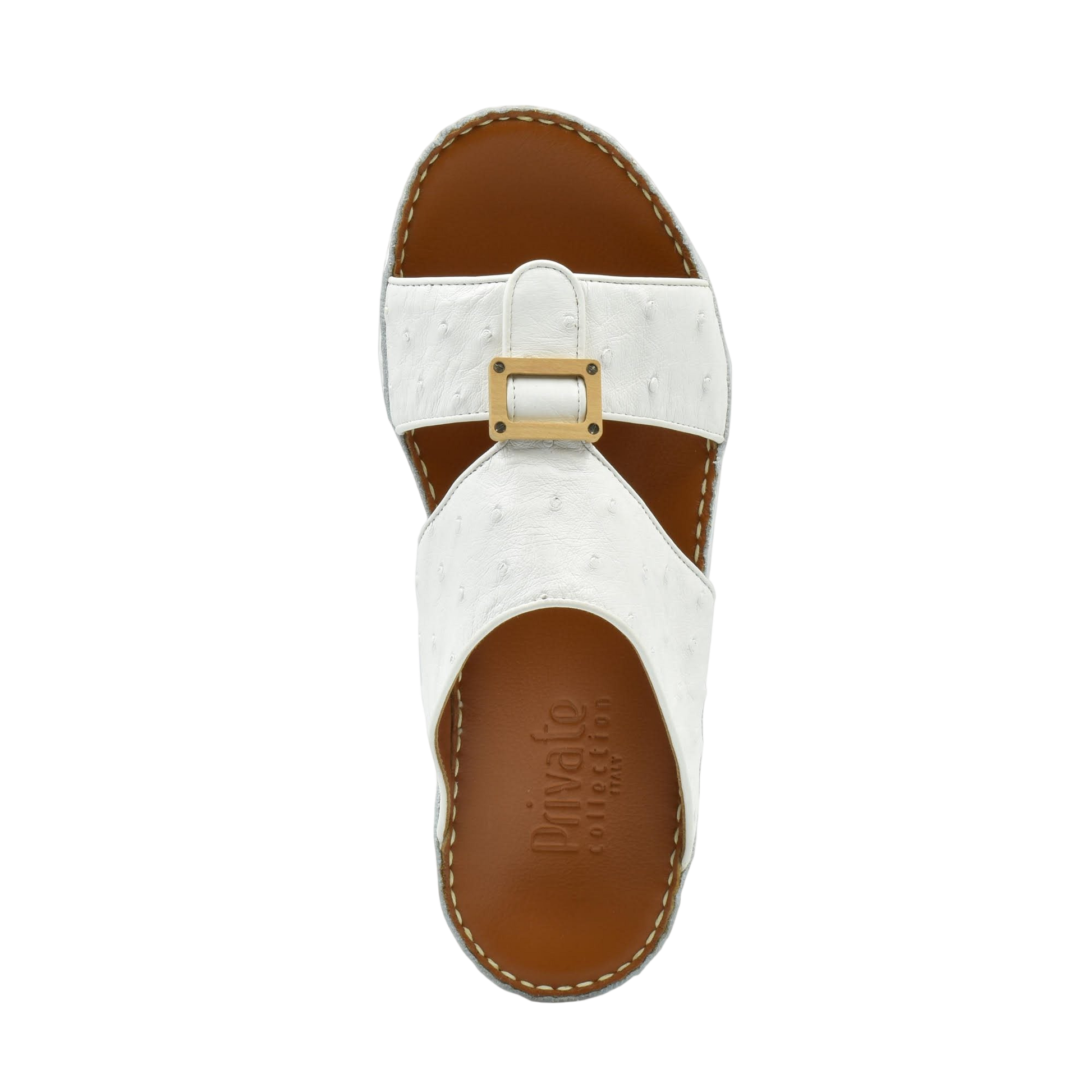 Top view of handcrafted olive sandals with white straps and brown sole by Private Collection