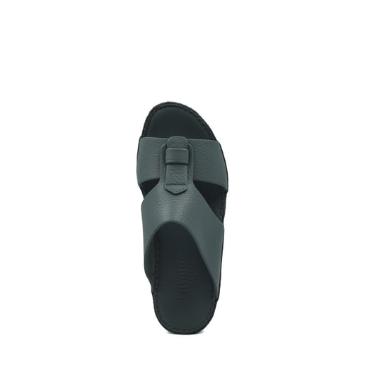 Top view of a modern gray slide sandal with thick straps, part of high-quality kids sandals