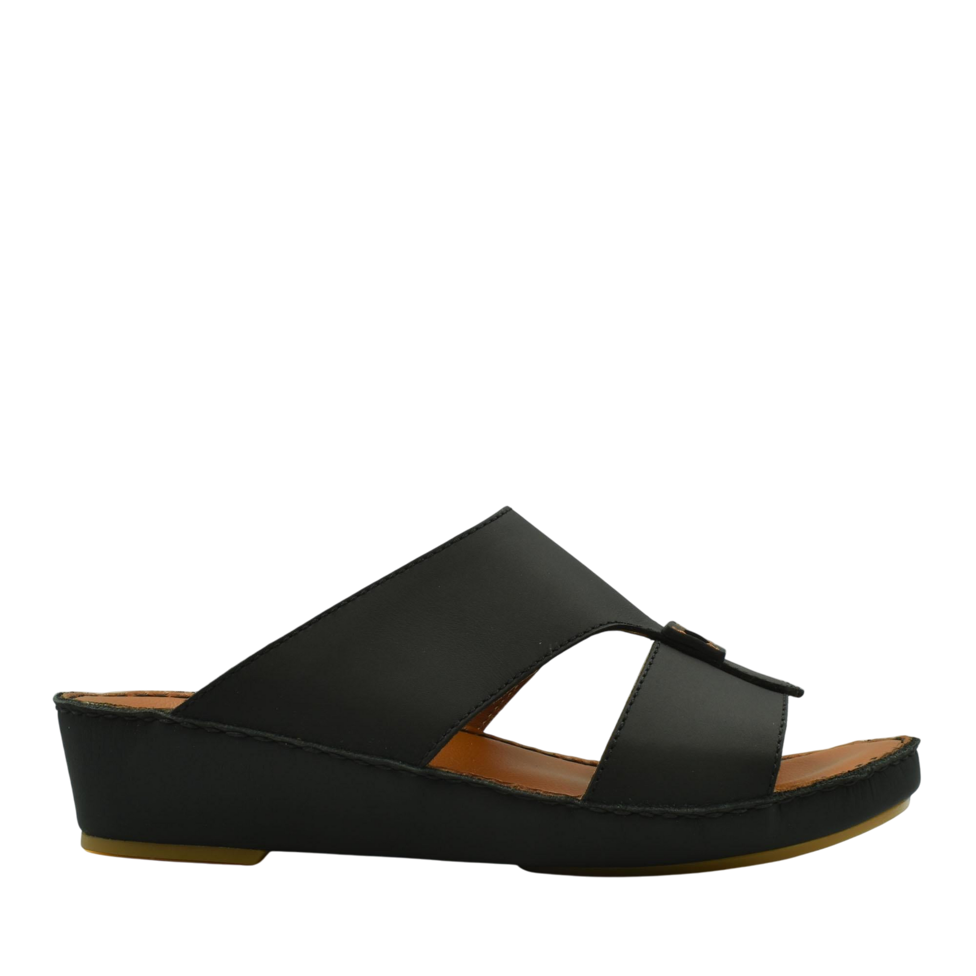 Black Italian leather sandals with a wedge heel and open toe slide design for comfortable wear