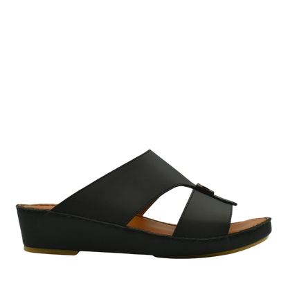 Black Italian leather sandals with a wedge heel and open toe slide design for comfortable wear