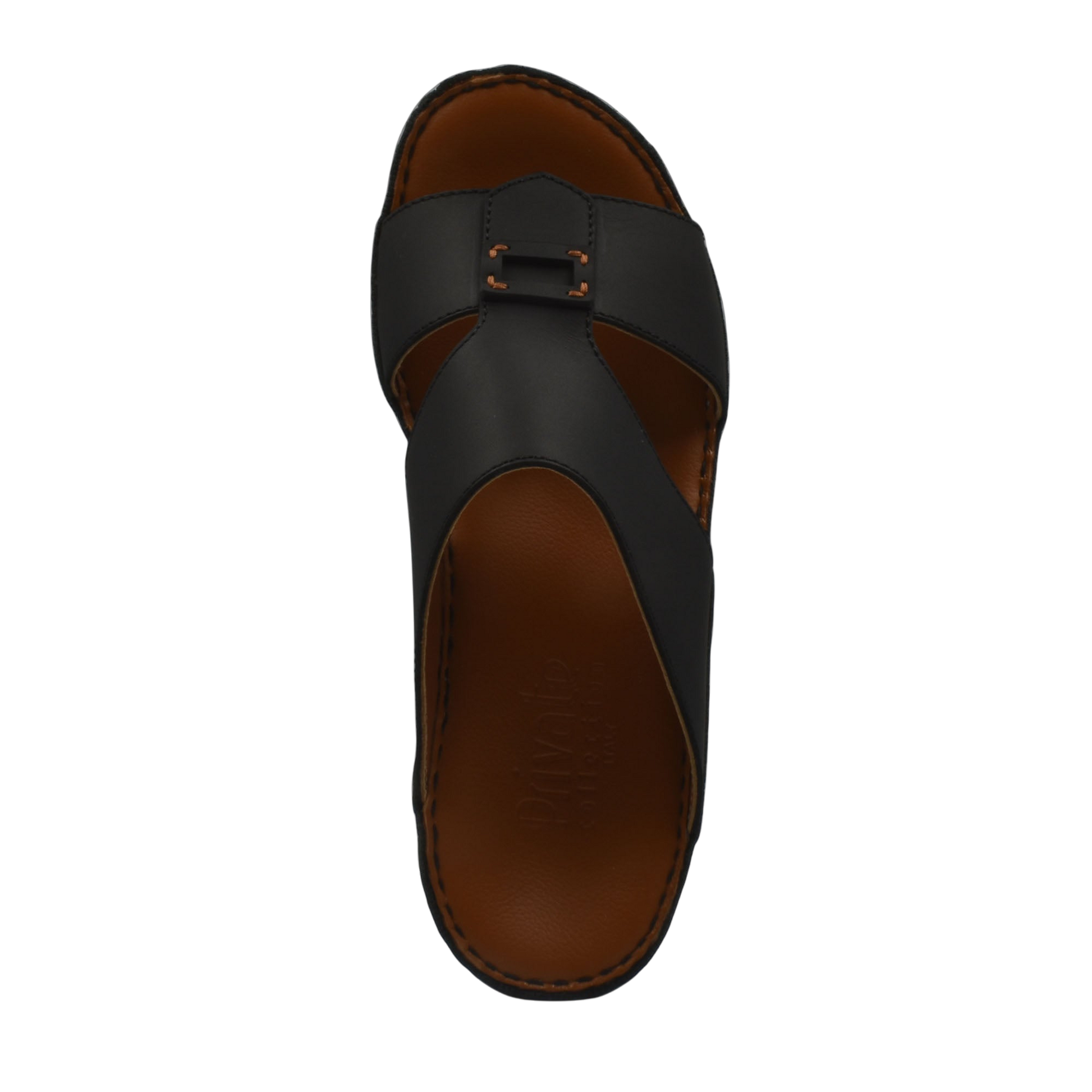 Black Italian leather sandals with buckle strap and brown cushioned sole from Private collection