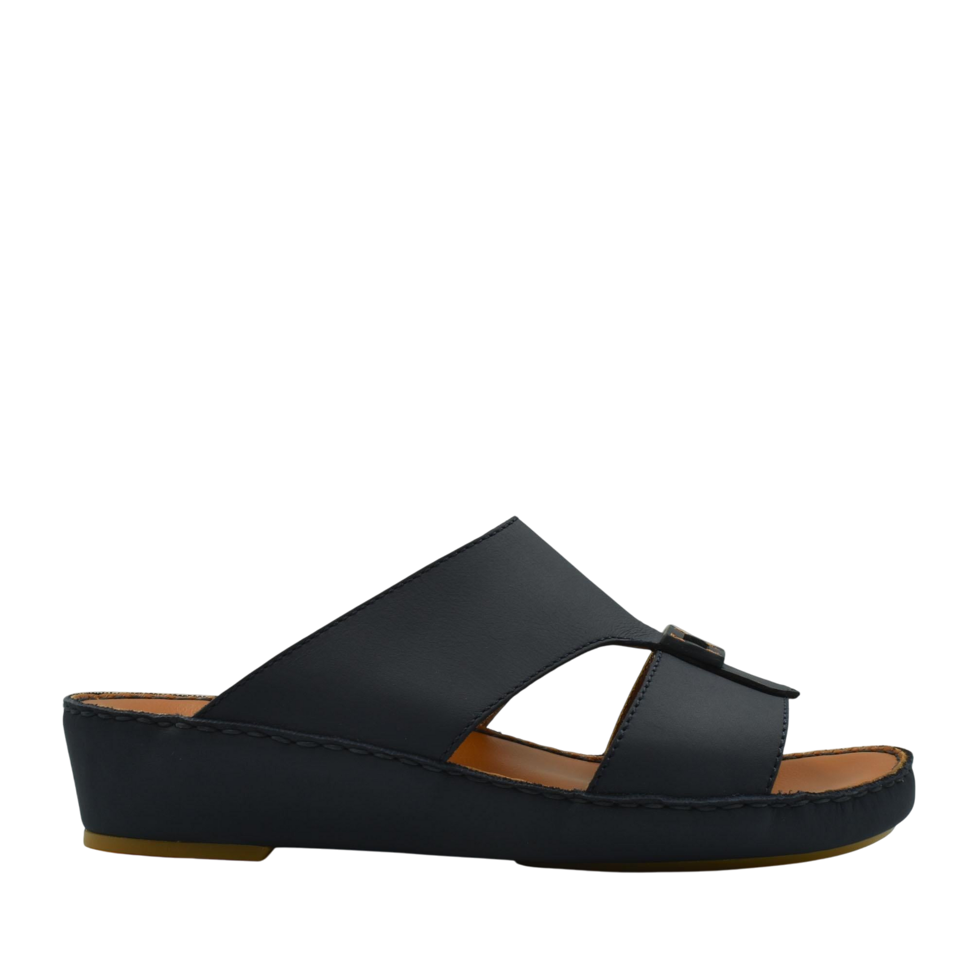 Black Italian leather sandals with open toe and low wedge heel from private collection