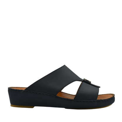 Black Italian leather sandals with open toe and low wedge heel from private collection