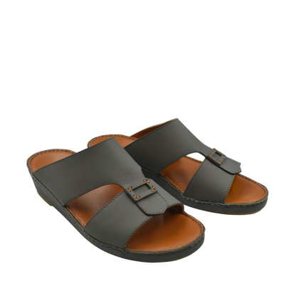 Black Italian leather sandals with open toe and adjustable buckle strap for men