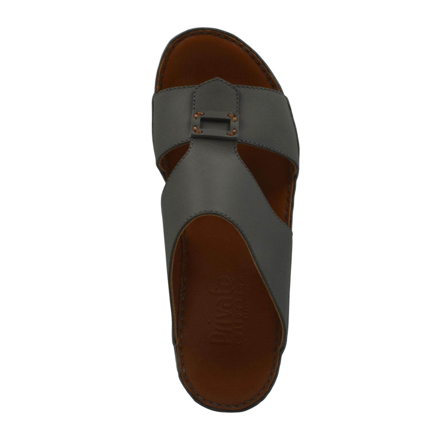 Top view of gray Italian leather sandals with buckle detail and brown insole from private collection