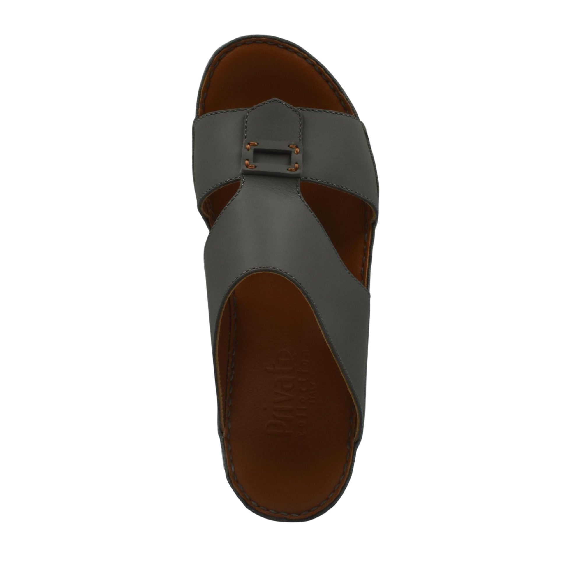 Top view of gray Italian leather sandals with buckle detail and brown insole from private collection