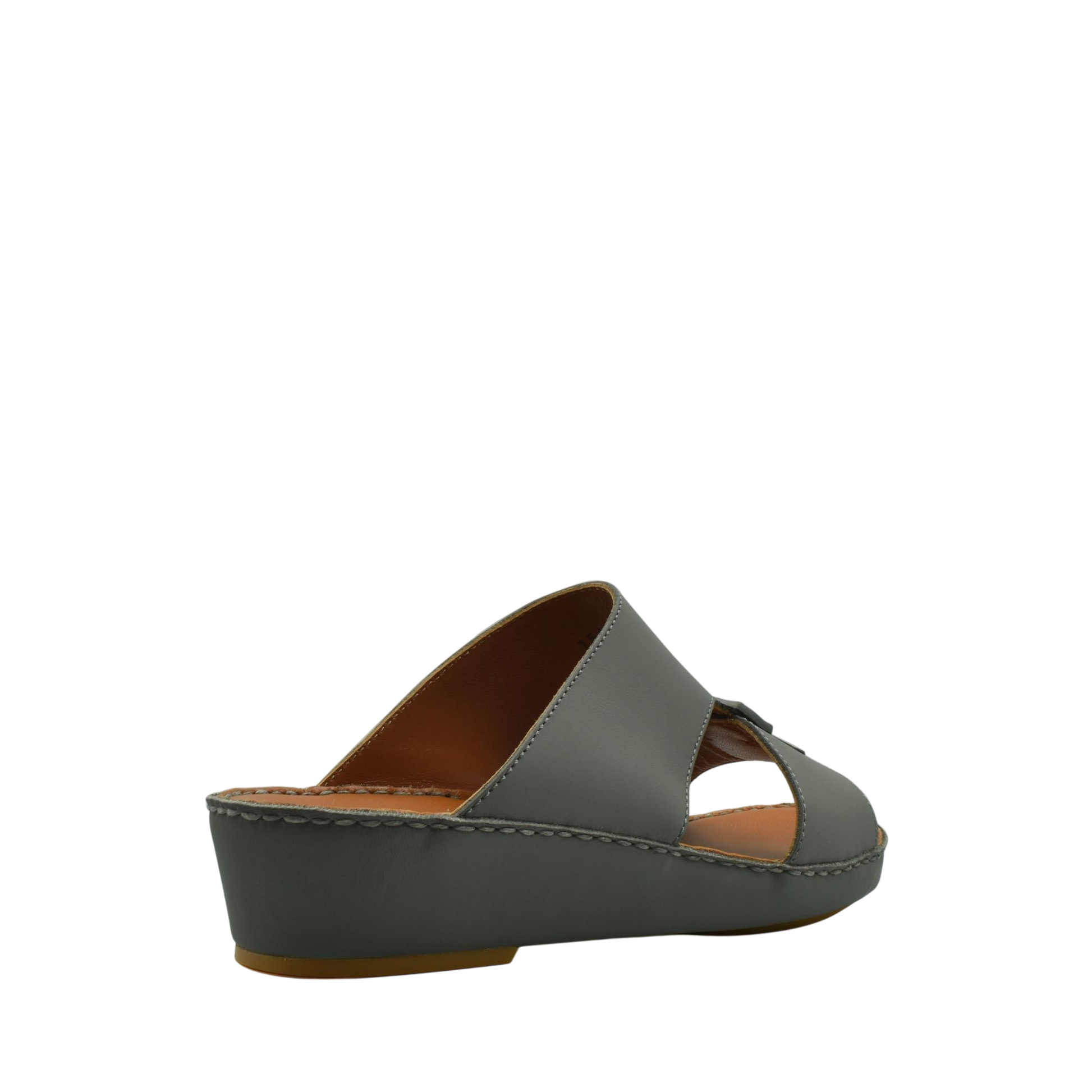 Gray Italian leather sandals with wedge heel and open toe design from private collection