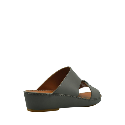 Gray Italian leather sandals with wedge heel and open toe design from private collection
