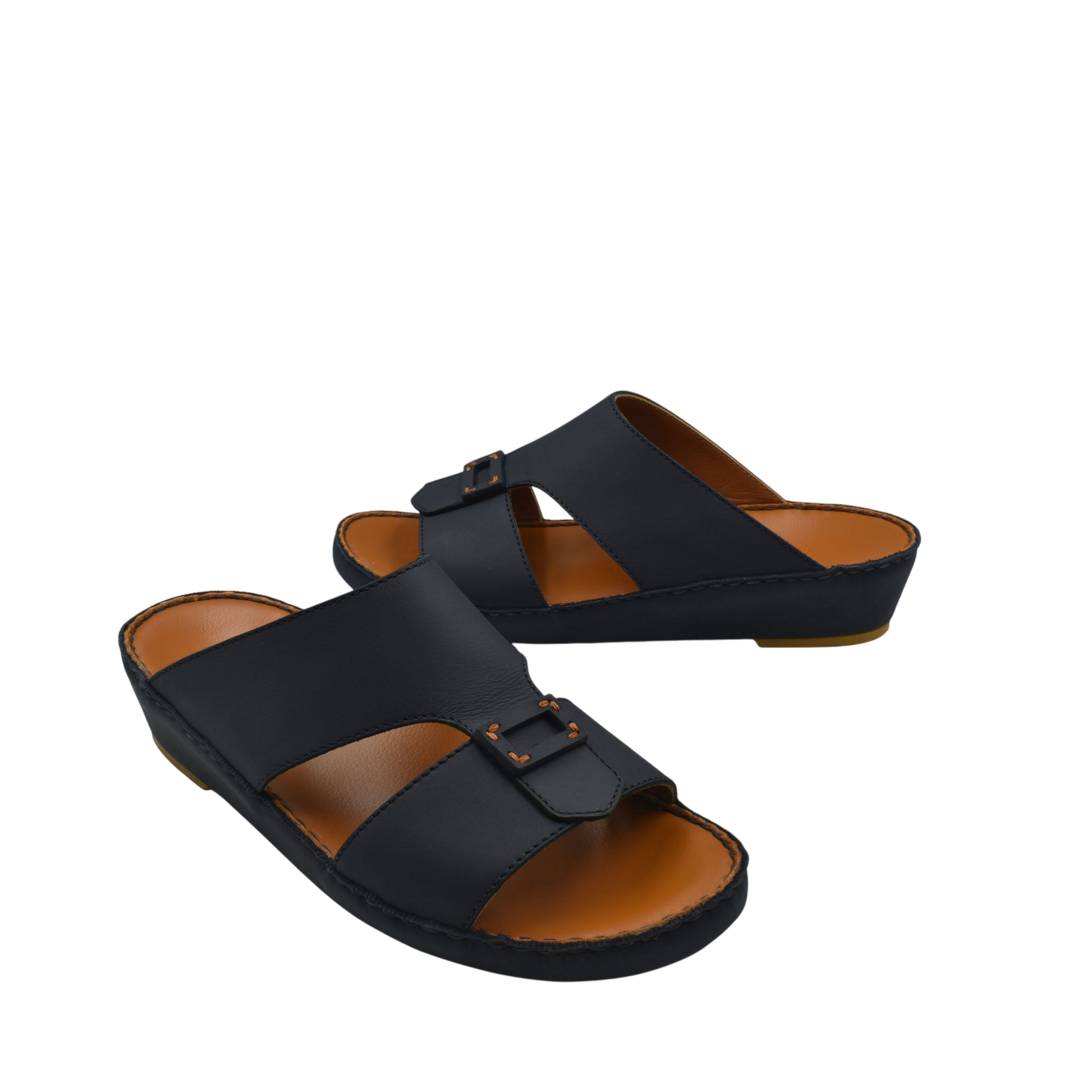 Black Italian leather sandals with buckle detail and comfortable cushioned sole