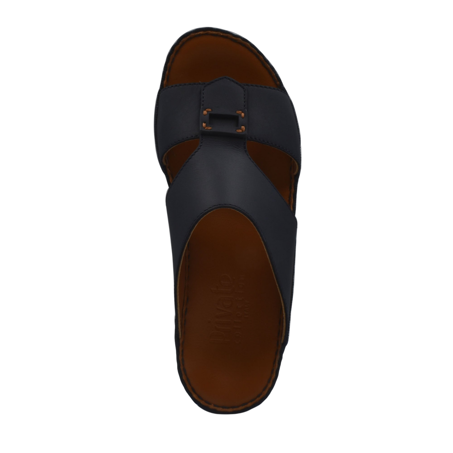 Black Italian leather sandals with buckle detail and brown cushioned footbed in a top view