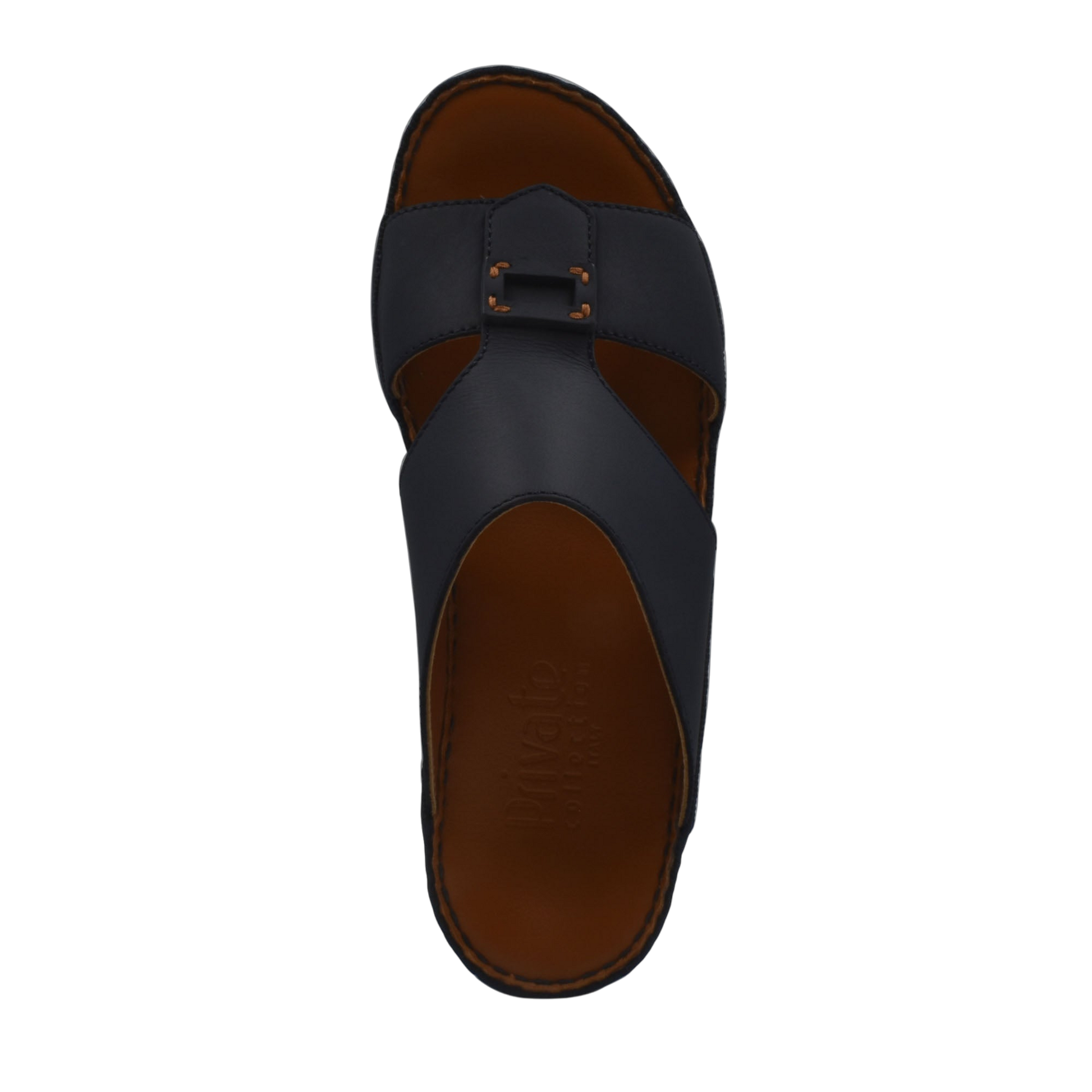 Black Italian leather sandals with buckle detail and brown cushioned footbed in a top view