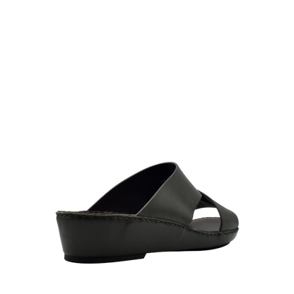 Black Italian nappa sandals with wedge sole and crisscross leather straps from private collection