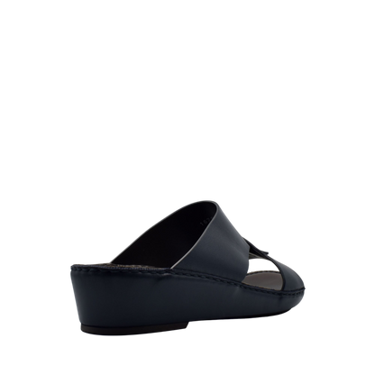 Black Italian nappa sandals with wedge heel from private collection shown from side angle