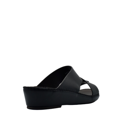 Black Italian nappa sandals with wedge heel and open toe design from private collection