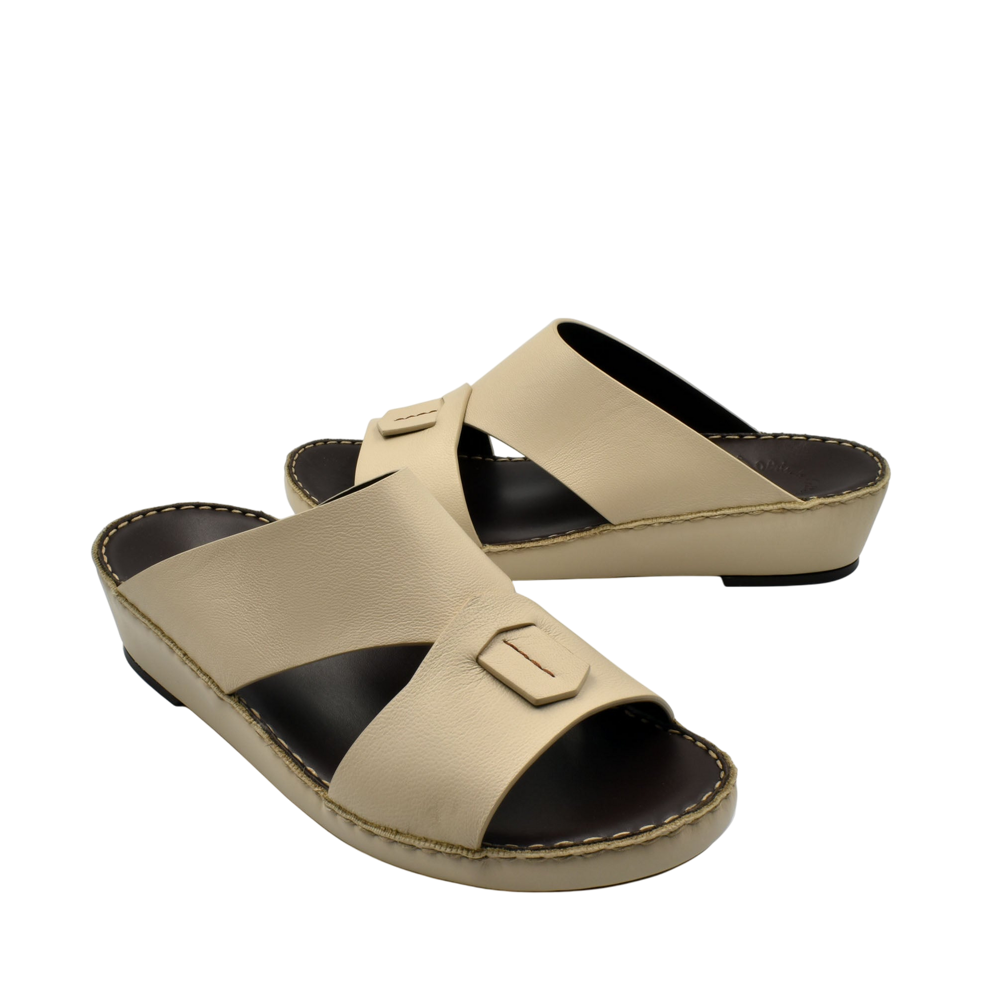 Beige Italian nappa sandals with crisscross straps and low wedge heel from private collection