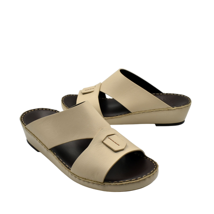 Beige Italian nappa sandals with crisscross straps and low wedge heel from private collection