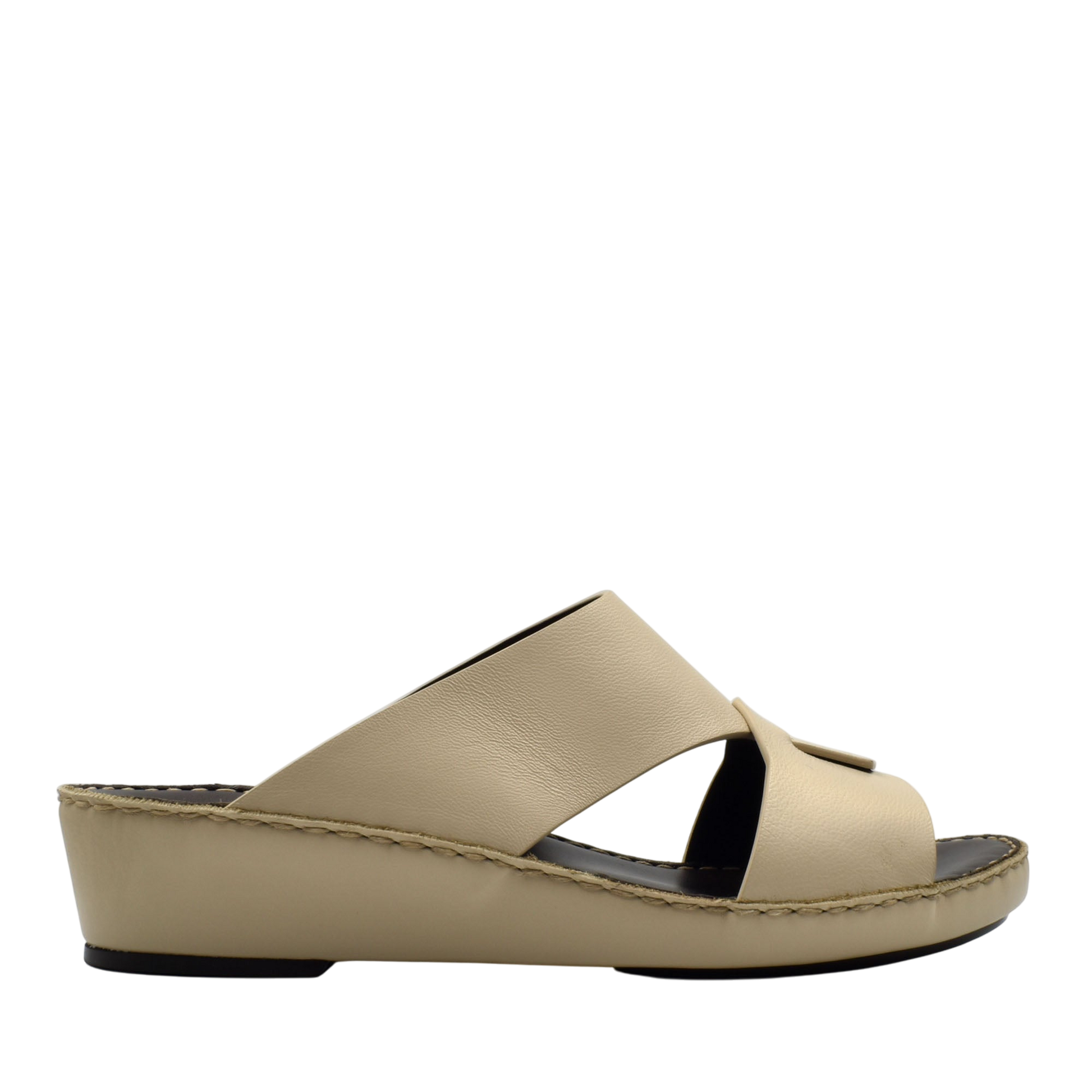 Beige Italian nappa sandals with wedge sole and open toe design in soft leather