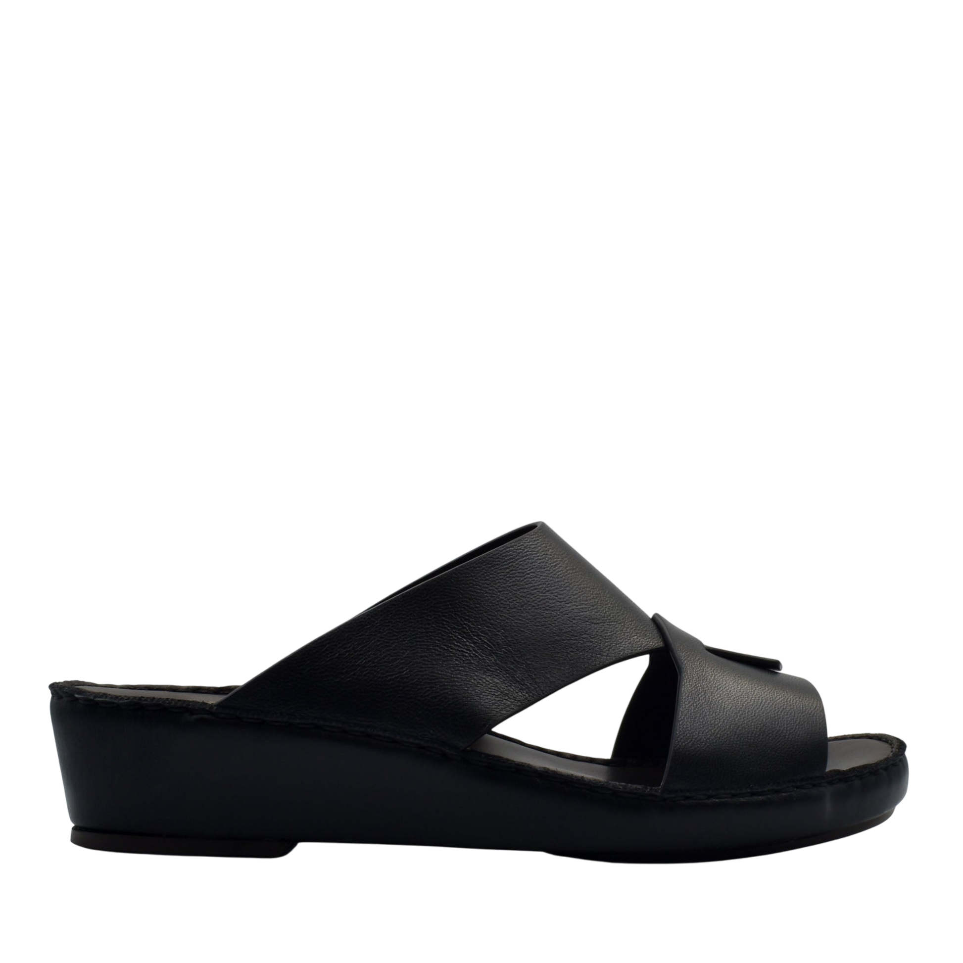 Black leather Italian nappa sandals with wide cross straps and cushioned sole for comfort