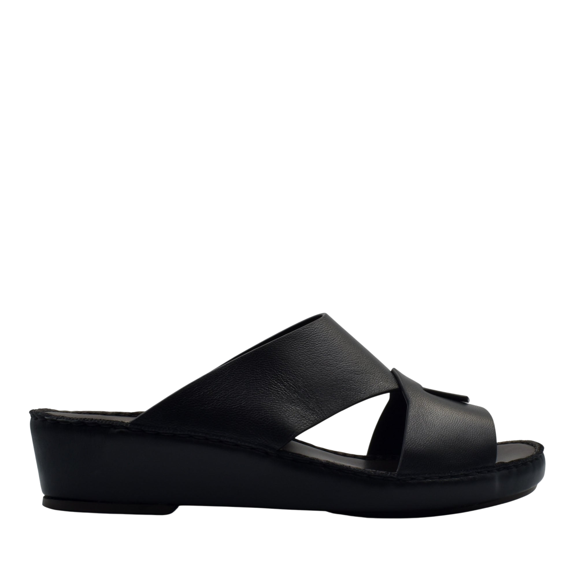 Black leather Italian nappa sandals with wide cross straps and cushioned sole for comfort
