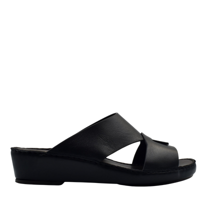 Black leather Italian nappa sandals with wide cross straps and cushioned sole for comfort
